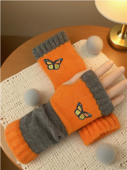 Embroidered Colour Block Fingerless Gloves - Butterfly_07