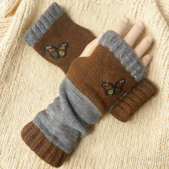 Embroidered Colour Block Fingerless Gloves - Butterfly_08