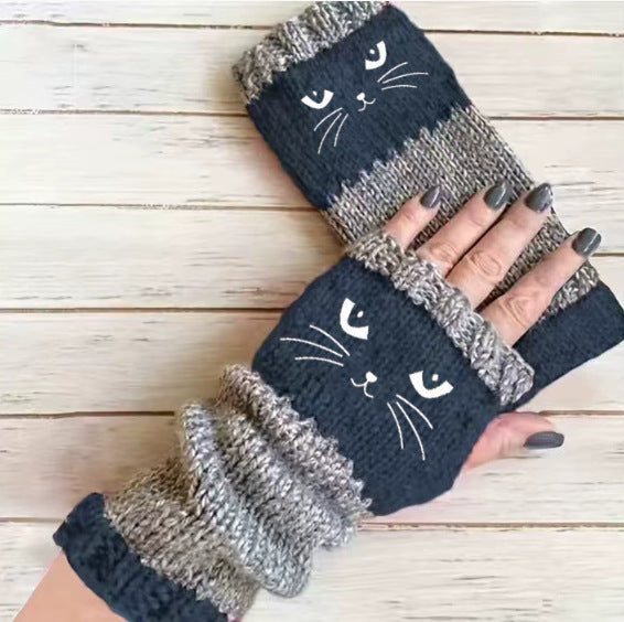 Embroidered Colour Block Fingerless Gloves - Cat_03