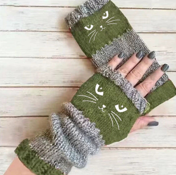 Embroidered Colour Block Fingerless Gloves - Cat_05