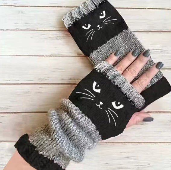 Embroidered Colour Block Fingerless Gloves - Cat_06