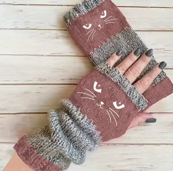 Embroidered Colour Block Fingerless Gloves - Cat_07