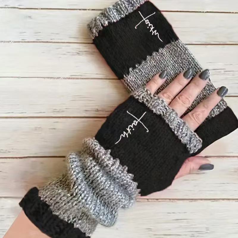 Embroidered Colour Block Fingerless Gloves - Cross_01
