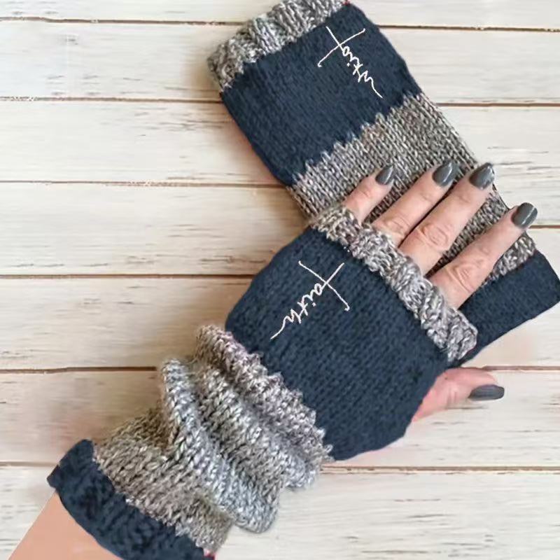 Embroidered Colour Block Fingerless Gloves - Cross_04