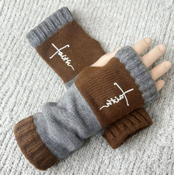 Embroidered Colour Block Fingerless Gloves - Cross_05