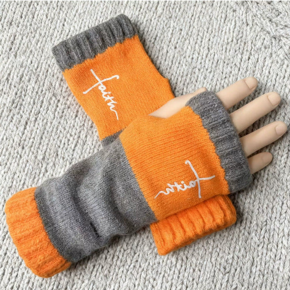 Embroidered Colour Block Fingerless Gloves - Cross_06