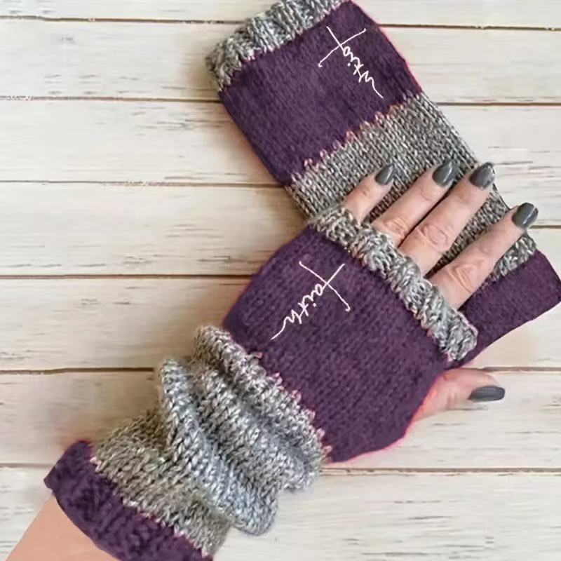 Embroidered Colour Block Fingerless Gloves - Cross_07