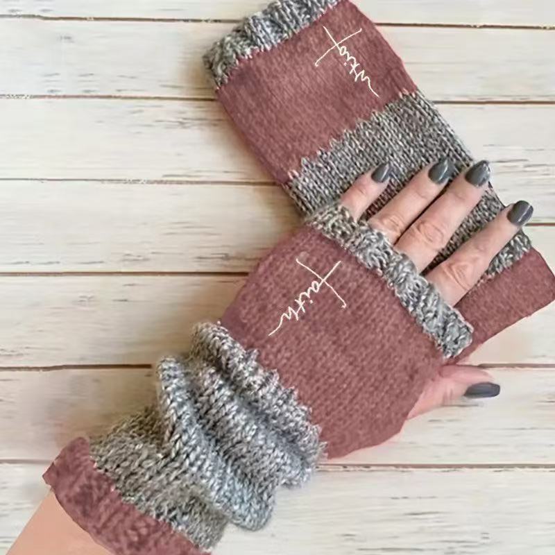 Embroidered Colour Block Fingerless Gloves - Cross_08