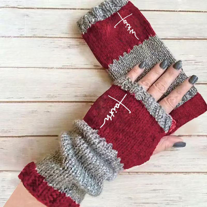Embroidered Colour Block Fingerless Gloves - Cross_09