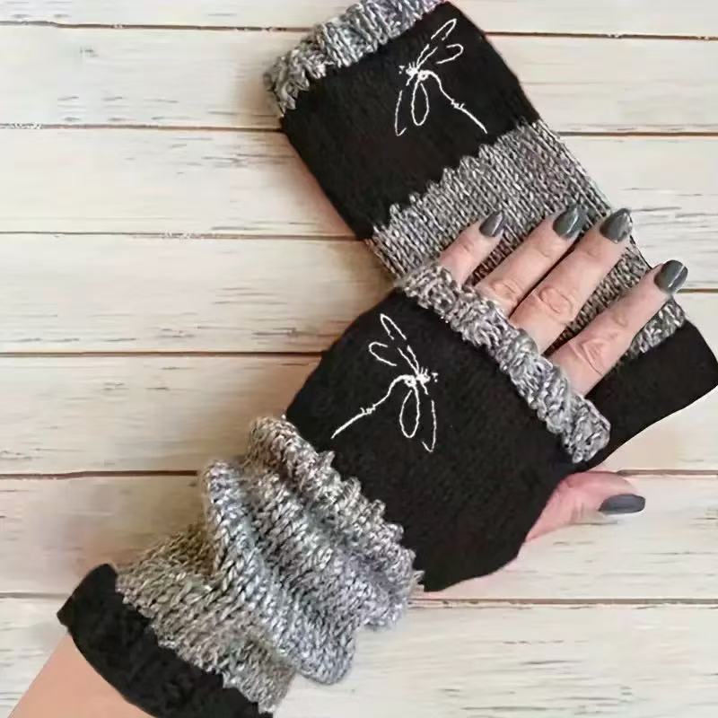 Embroidered Colour Block Fingerless Gloves - Dragonfly_01