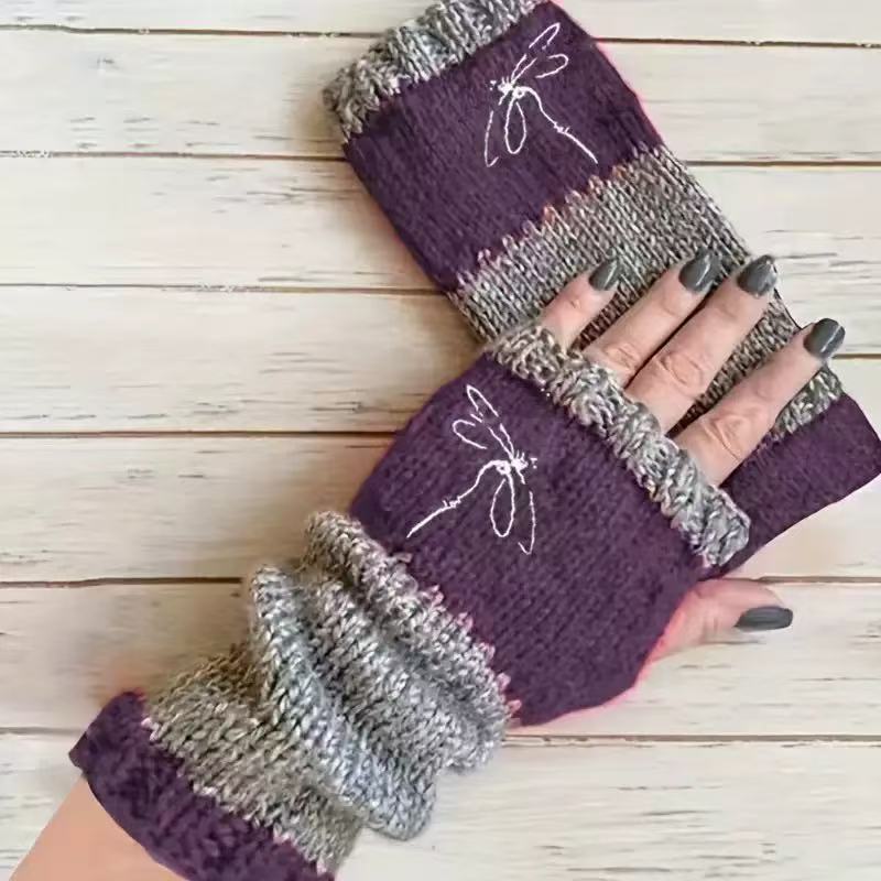 Embroidered Colour Block Fingerless Gloves - Dragonfly_02