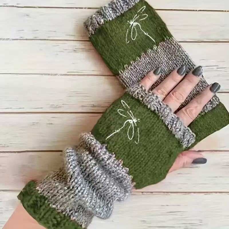 Embroidered Colour Block Fingerless Gloves - Dragonfly_03
