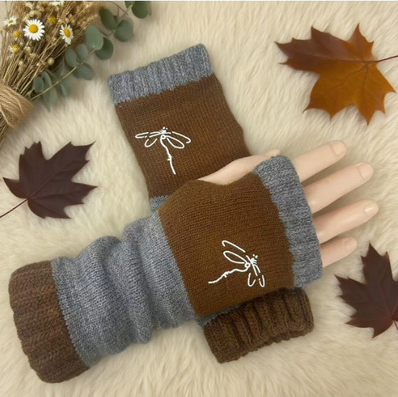 Embroidered Colour Block Fingerless Gloves - Dragonfly_05