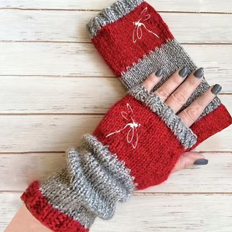 Embroidered Colour Block Fingerless Gloves - Dragonfly_06