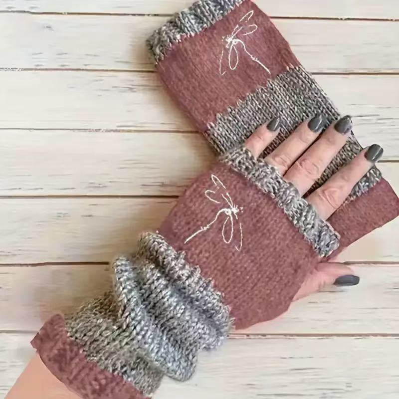 Embroidered Colour Block Fingerless Gloves - Dragonfly_07