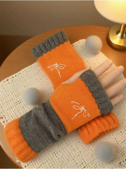 Embroidered Colour Block Fingerless Gloves - Dragonfly_08