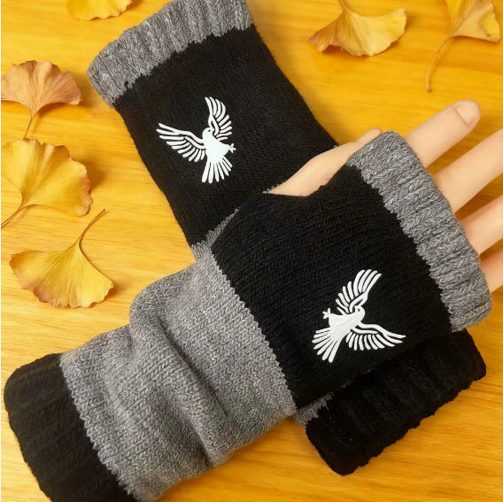 Embroidered Colour Block Fingerless Gloves - Eagle_04