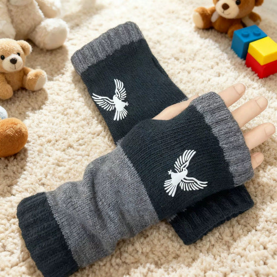 Embroidered Colour Block Fingerless Gloves - Eagle_08