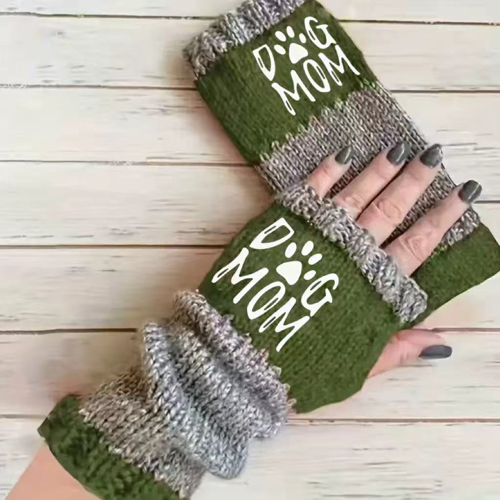 Embroidered Colour Block Fingerless Gloves - Letter_06