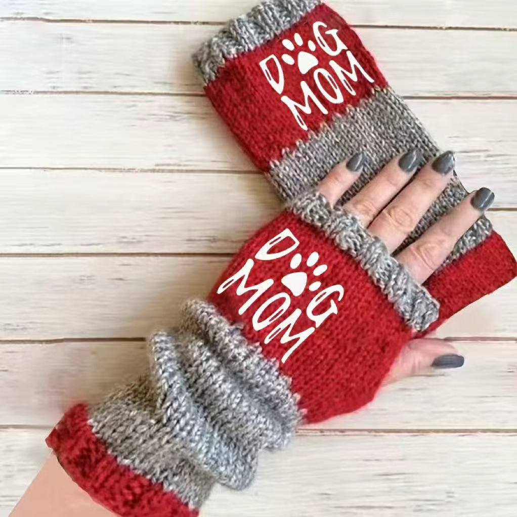 Embroidered Colour Block Fingerless Gloves - Letter_07
