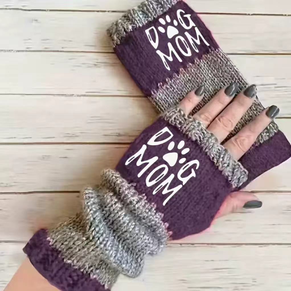 Embroidered Colour Block Fingerless Gloves - Letter_08