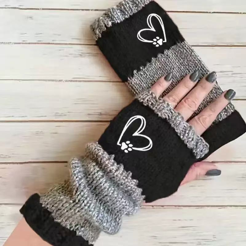 Embroidered Colour Block Fingerless Gloves - Love_02