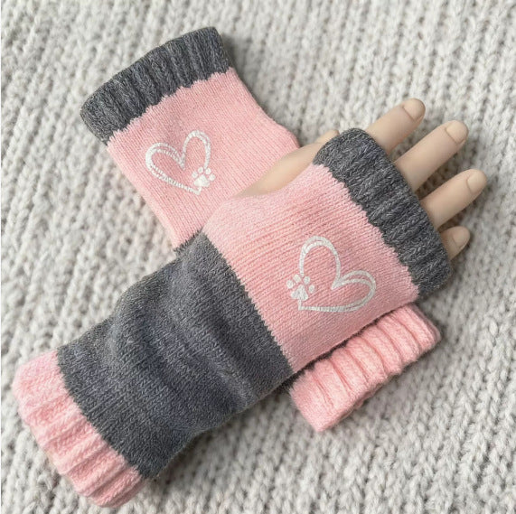 Embroidered Colour Block Fingerless Gloves - Love_09
