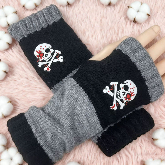 Embroidered Colour Block Fingerless Gloves - Skeleton_01