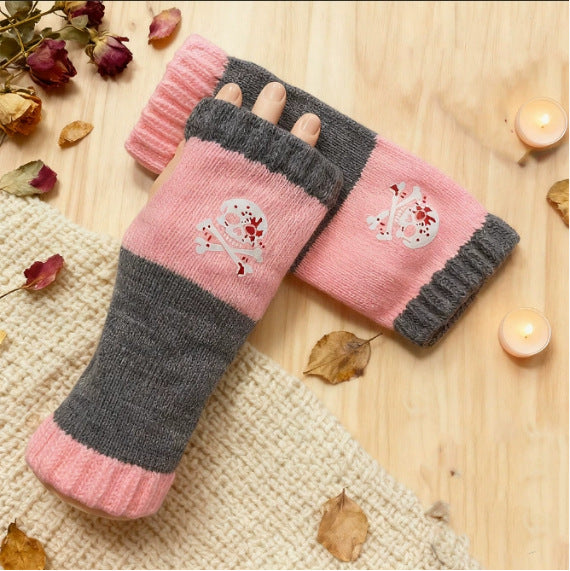 Embroidered Colour Block Fingerless Gloves - Skeleton_04