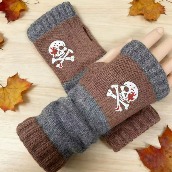 Embroidered Colour Block Fingerless Gloves - Skeleton_06