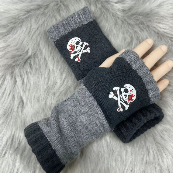 Embroidered Colour Block Fingerless Gloves - Skeleton_07