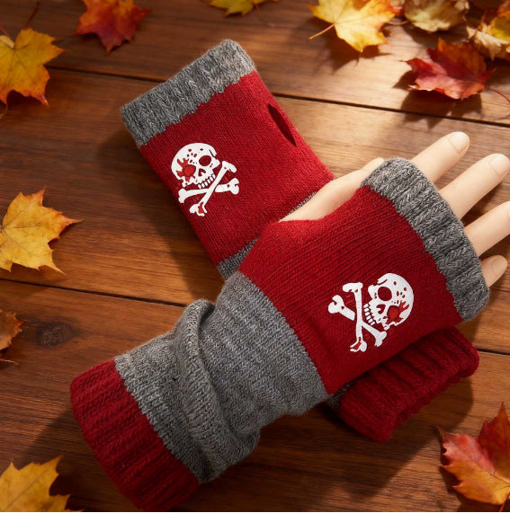 Embroidered Colour Block Fingerless Gloves - Skeleton_09