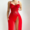 Velvet Corset Sheer Mesh Slit Gown And Thong Set - Red