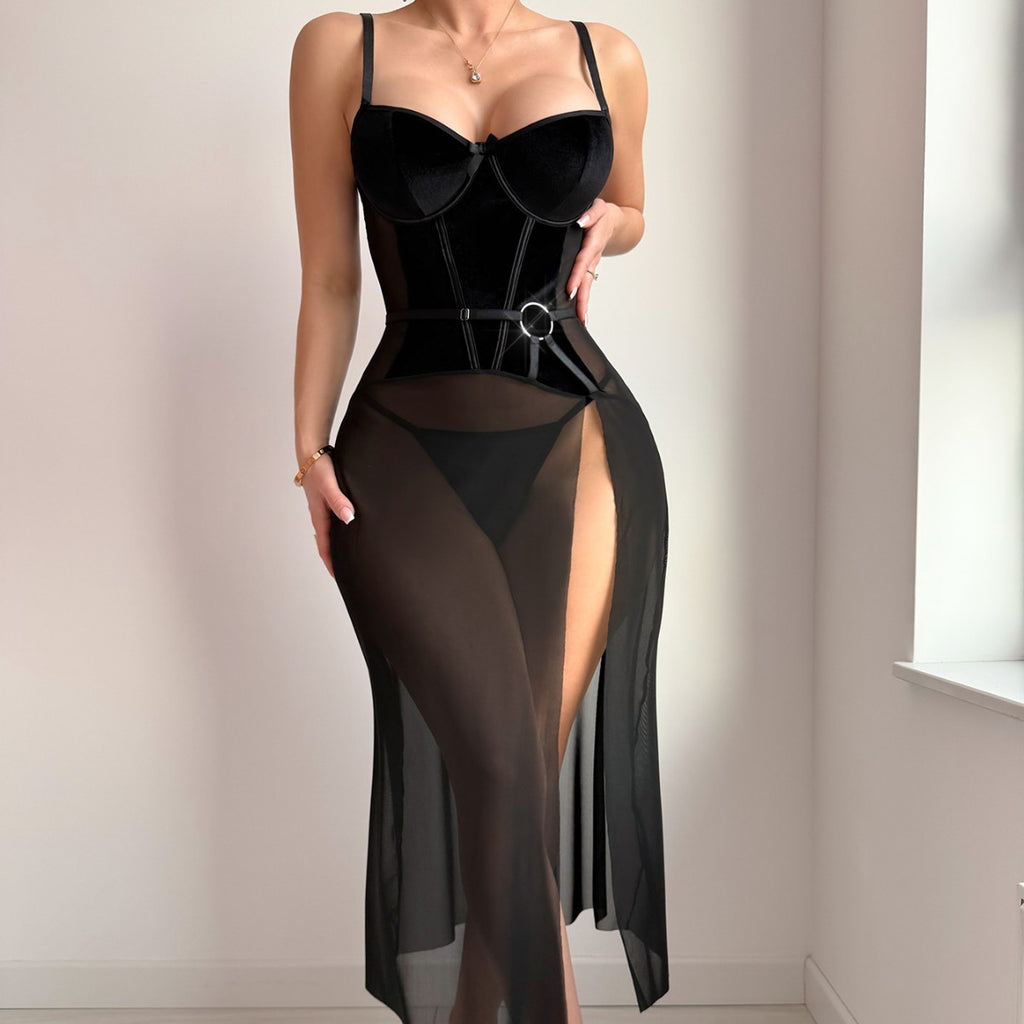 Velvet Corset Sheer Mesh Slit Gown And Thong Set