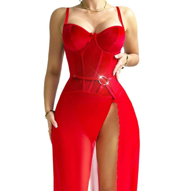 Velvet Corset Sheer Mesh Slit Gown And Thong Set