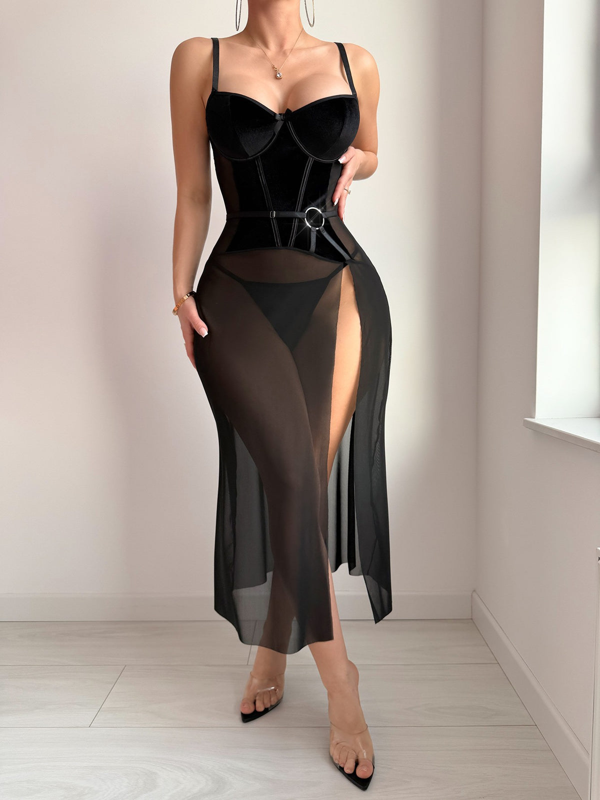 Velvet Corset Sheer Mesh Slit Gown And Thong Set