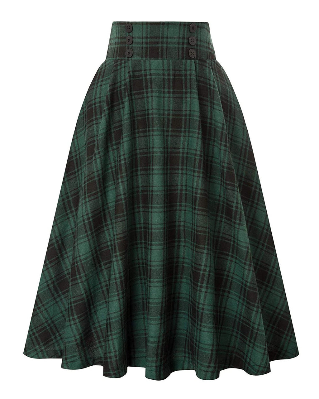 Vintage Plaid Buttoned High Waist Midi Skirt - Green