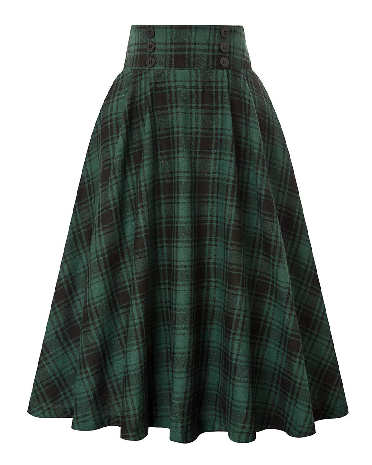 Vintage Plaid Buttoned High Waist Midi Skirt - Green