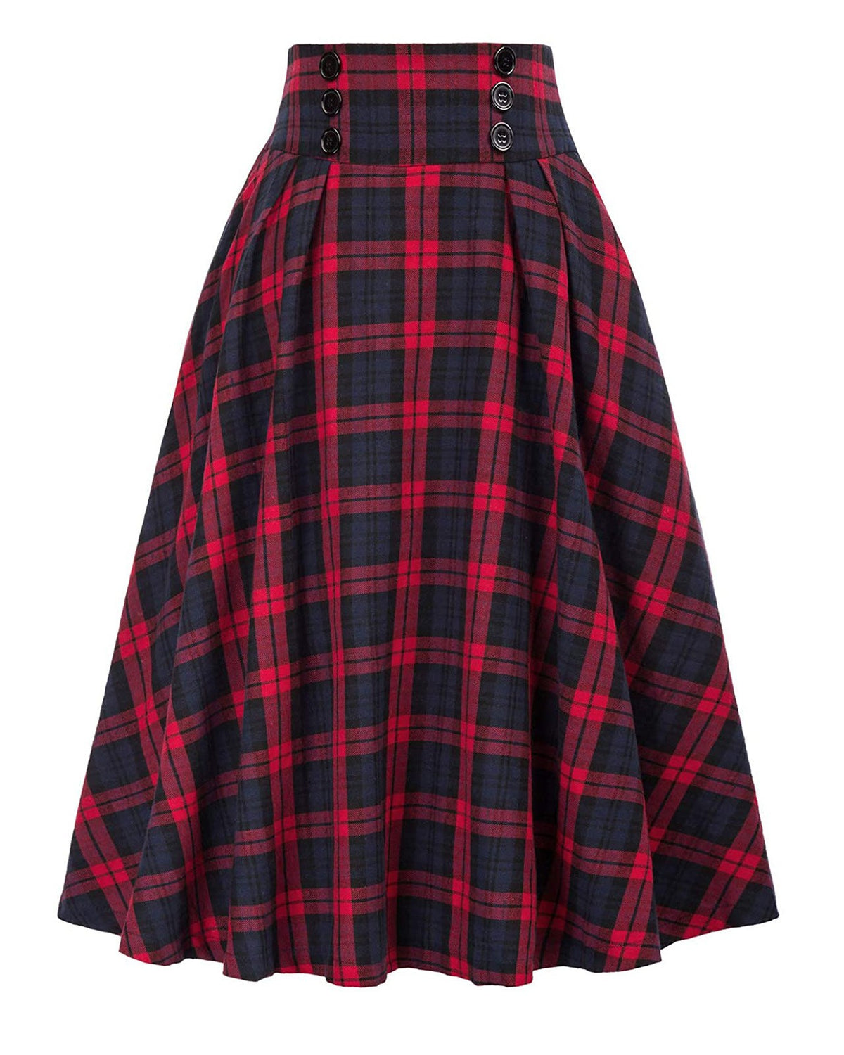 Vintage Plaid Buttoned High Waist Midi Skirt - Red