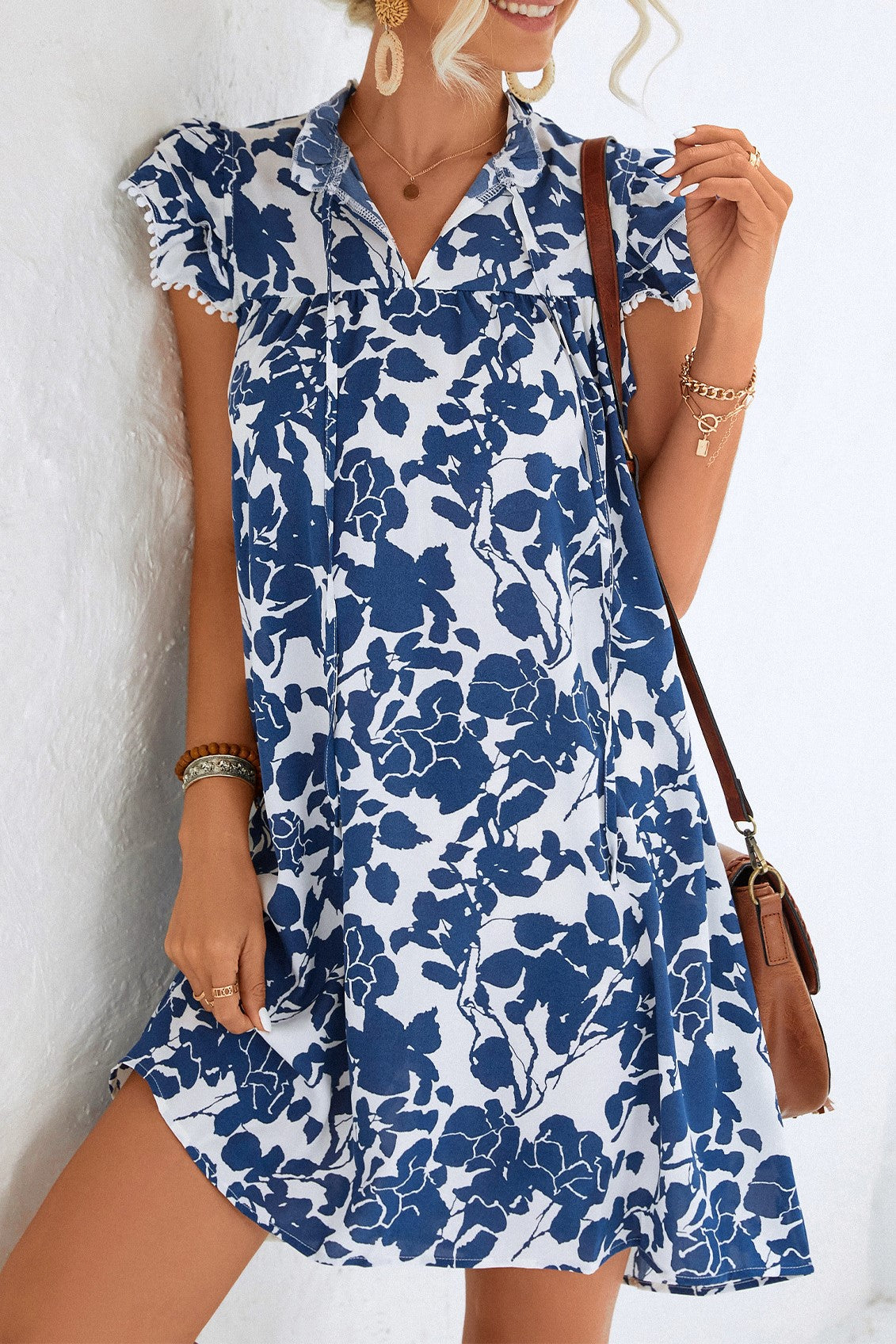 Floral Ruffle Shoulder Swing Mini Dress - Blue
