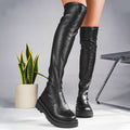 Stretch Over the Knee Lug Sole Boots - Black