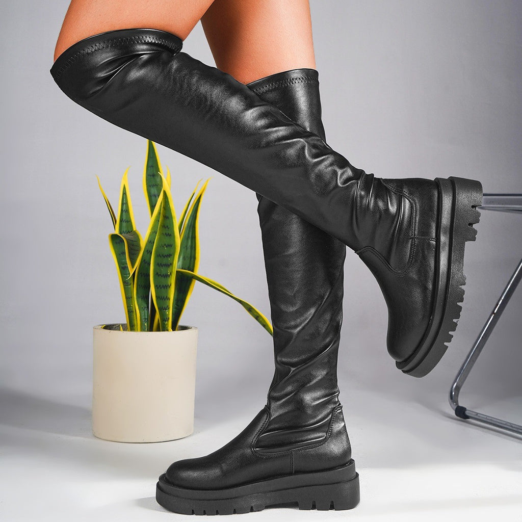 Stretch Over the Knee Lug Sole Boots