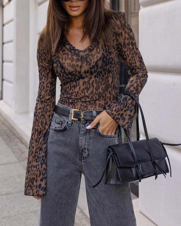Sheer Mesh Leopard Flare Sleeve Top - Color