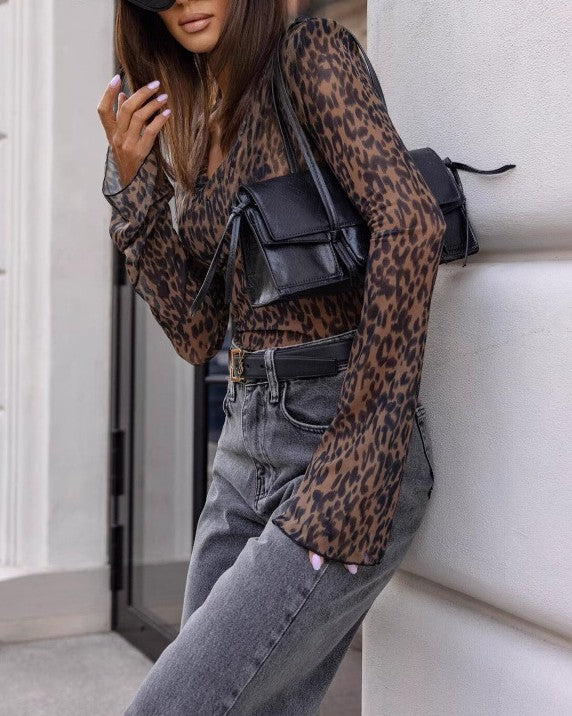 Sheer Mesh Leopard Flare Sleeve Top - Color - 2