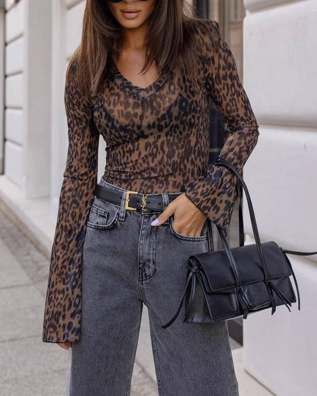 Sheer Mesh Leopard Flare Sleeve Top