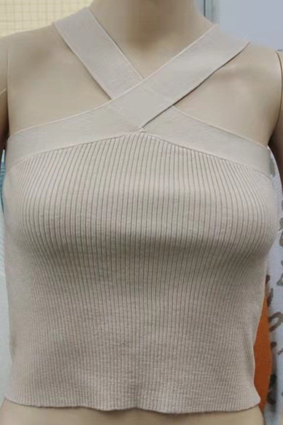 Cross Halter Neck Ribbed Crop Tank Top - Beige - 2