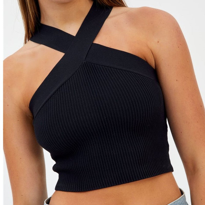 Cross Halter Neck Ribbed Crop Tank Top - Black