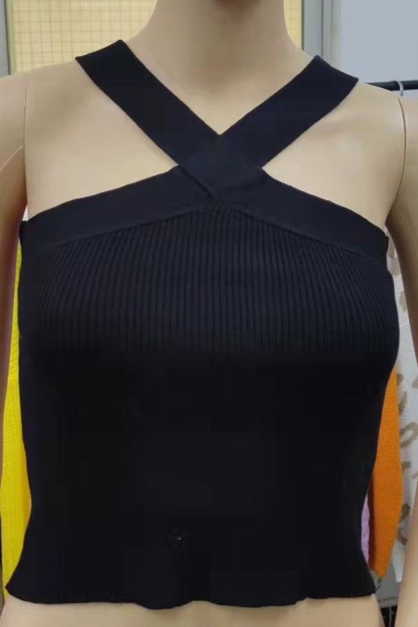 Cross Halter Neck Ribbed Crop Tank Top - Black - 1