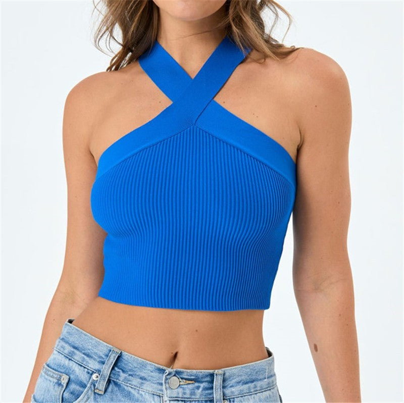 Cross Halter Neck Ribbed Crop Tank Top - Blue