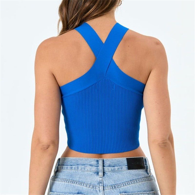 Cross Halter Neck Ribbed Crop Tank Top - Blue - 1